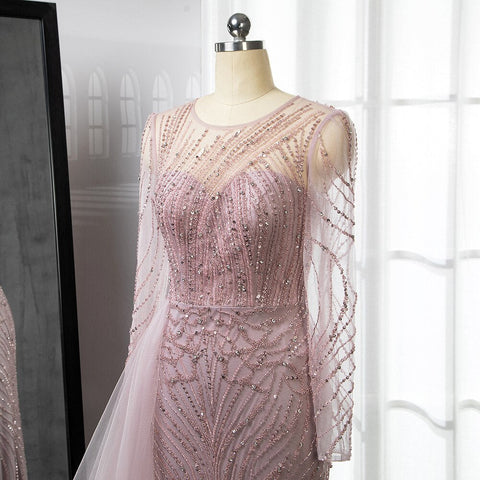 Vestido de noche largo de sirena rosa con falda, cuello redondo, elegante, con cuentas, de lujo, para mujer, fiesta, LA71673 