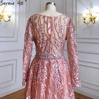 Muslim Pink Overskirt Mermaid Evening Dresses Gowns 2025 Beaded Feather Luxury For Woman Party LA71434