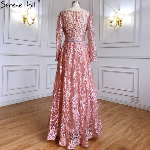 Muslim Pink Overskirt Mermaid Evening Dresses Gowns 2025 Beaded Feather Luxury For Woman Party LA71434