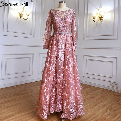 Muslim Pink Overskirt Mermaid Evening Dresses Gowns 2025 Beaded Feather Luxury For Woman Party LA71434