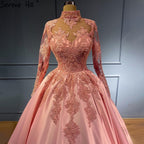 Muslim Pink Satin Evening Dresses Gowns 2025 Beaed Luxury Ball Gown For Women Party LA71224