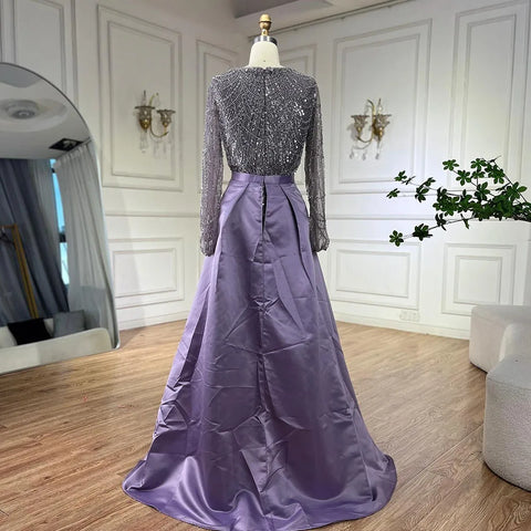 Muslim Purple Mermaid Beaded Pearls Evening Gown with Detachable Overskirt for Women | Wedding Party 2025 LA72032E