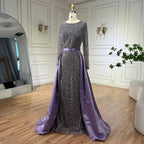 Muslim Purple Mermaid Beaded Pearls Evening Gown with Detachable Overskirt for Women | Wedding Party 2025 LA72032E