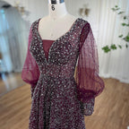 Muslim Purple A Line Elegant Puff Sleeves Evening Dresses Gowns Luxury Beaded 2025 For Women Wedding Party LA72145