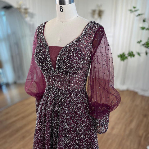Muslim Purple A Line Elegant Puff Sleeves Evening Dresses Gowns Luxury Beaded 2025 For Women Wedding Party LA72145