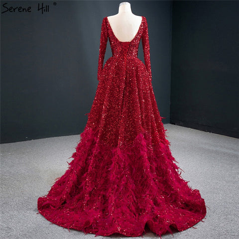 Muslim Red A-Line Luxury Evening Dresses Gowns 2025 Sparkle Feather For Women Party HM67124