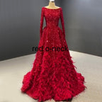Muslim Red A-Line Luxury Evening Dresses Gowns 2025 Sparkle Feather For Women Party HM67124