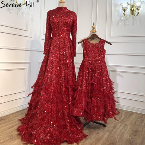 Muslim Red A-Line Luxury Evening Dresses Gowns 2025 Sparkle Feather For Women Party HM67124