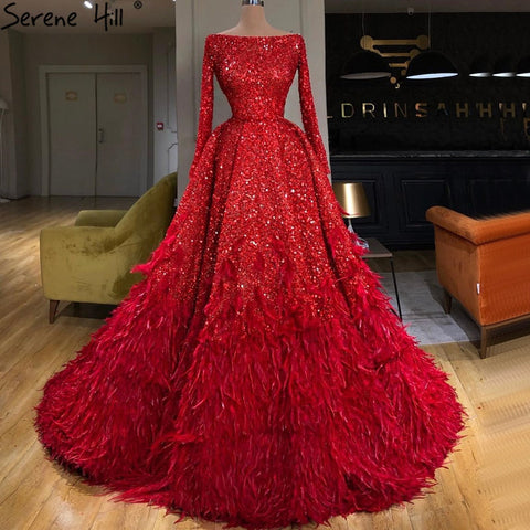 Muslim Red A-Line Luxury Evening Dresses Gowns 2025 Sparkle Feather For Women Party HM67124