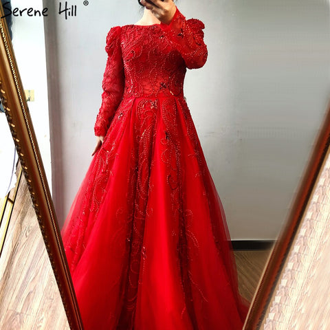 Muslim Red Luxury Evening Dresses Gowns 2025 Lace Beaded A-Line High Split For Women Party LA70445