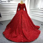 Muslim Red Luxury Wedding Dresses 2025 Sparkle Beaded Long Sleeves Bridal Gowns HA2513 Custom Made