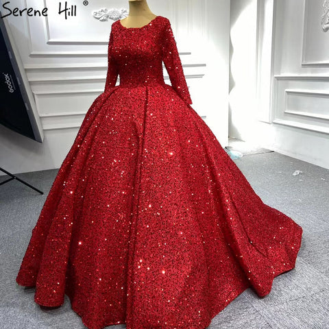 Muslim Red Luxury Wedding Dresses 2025 Sparkle Beaded Long Sleeves Bridal Gowns HA2513 Custom Made
