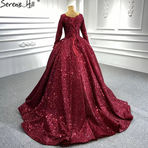 Muslim Red Luxury Wedding Dresses 2025 Sparkle Beaded Long Sleeves Bridal Gowns HA2513 Custom Made