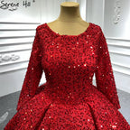 Muslim Red Luxury Wedding Dresses 2025 Sparkle Beaded Long Sleeves Bridal Gowns HA2513 Custom Made