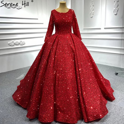 Muslim Red Luxury Wedding Dresses 2025 Sparkle Beaded Long Sleeves Bridal Gowns HA2513 Custom Made