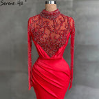 On Sale no return no refundSale Muslim Red Mermaid Split Evening Dresses Gowns 2025 Elegant Satin Beading For Women Party LA71091