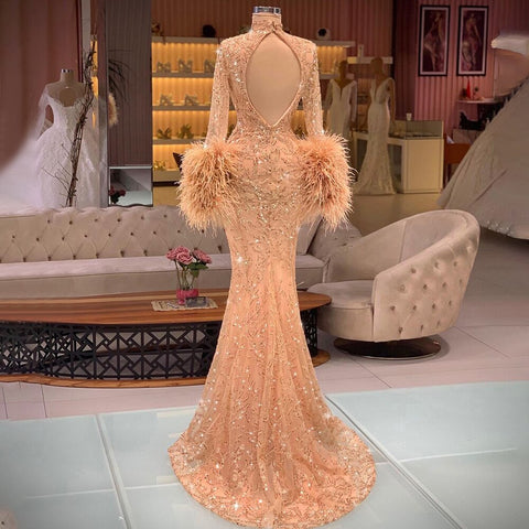 Muslim Rose Gold Elegant Evening Dresses Gowns 2025 Feather Beaded Mermaid Luxury For Women Party LA71514