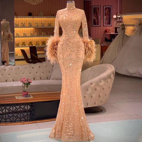 Muslim Rose Gold Elegant Evening Dresses Gowns 2025 Feather Beaded Mermaid Luxury For Women Party LA71514