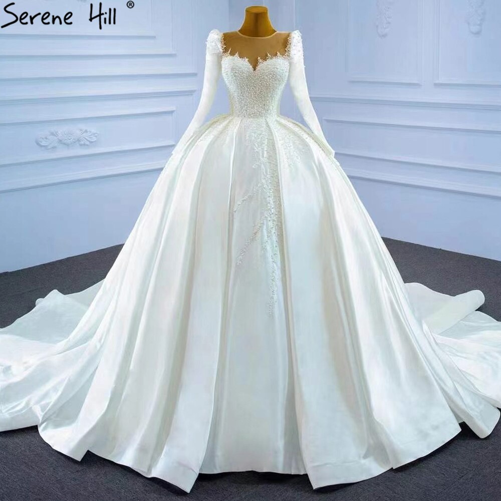 Muslim Satin White Luxury Wedding Dresses 2025 Beading Pearls Ball Gown Bridal Dress HM67259 Custom Made
