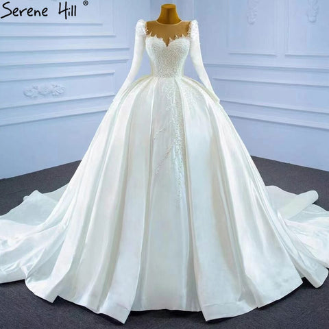 Muslim Satin White Luxury Wedding Dresses 2025 Beading Pearls Ball Gown Bridal Dress HM67259 Custom Made