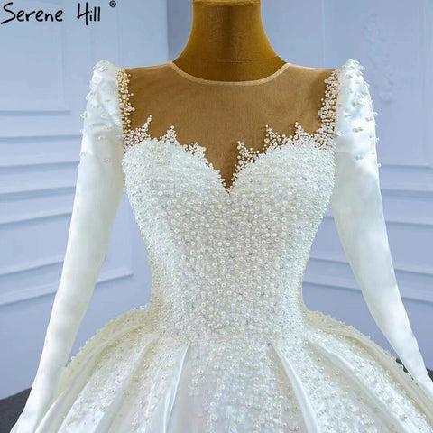 Muslim Satin White Luxury Wedding Dresses 2025 Beading Pearls Ball Gown Bridal Dress HM67259 Custom Made
