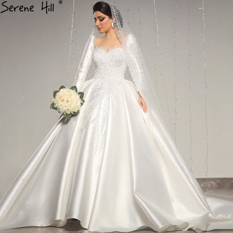 Muslim Satin White Luxury Wedding Dresses 2025 Beading Pearls Ball Gown Bridal Dress HM67259 Custom Made