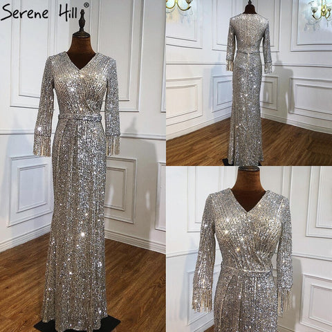 Muslim Silver Long Sleeves Evening Dresses Gowns 2025 Elegant Mermaid Sparkle Luxury For Women Party LA70784