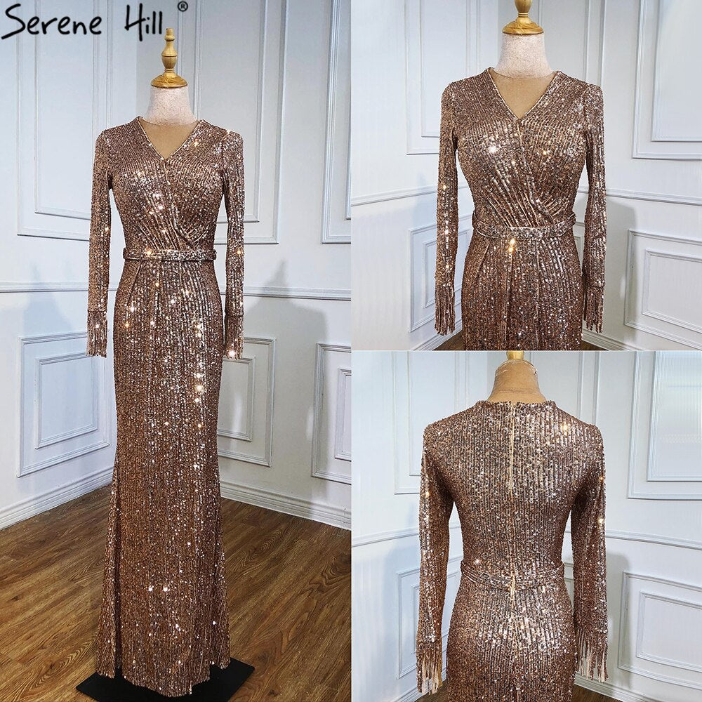 Muslim Silver Long Sleeves Evening Dresses Gowns 2025 Elegant Mermaid Sparkle Luxury For Women Party LA70784
