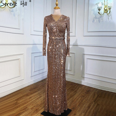 Muslim Silver Long Sleeves Evening Dresses Gowns 2025 Elegant Mermaid Sparkle Luxury For Women Party LA70784