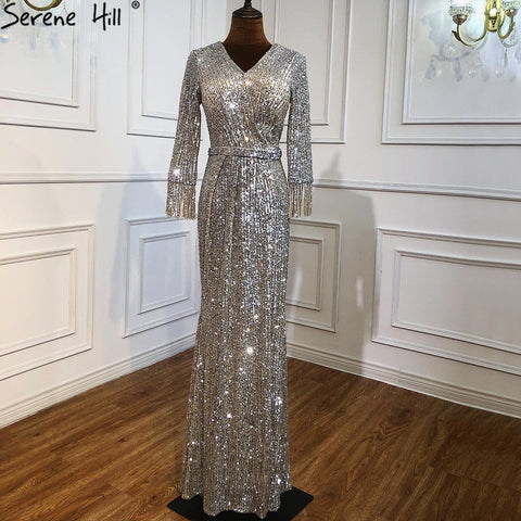 Muslim Silver Long Sleeves Evening Dresses Gowns 2025 Elegant Mermaid Sparkle Luxury For Women Party LA70784