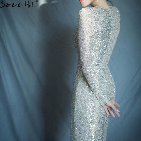 On Sale no return no refundSale Muslim Silver Mermaid Elegant Evening Dresses Gowns  2025 Long Sleeves Sparkle For Women Party LA70690