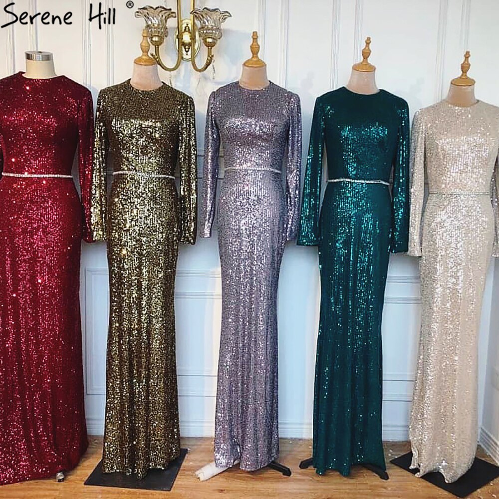On Sale no return no refundSale Muslim Silver Mermaid Elegant Evening Dresses Gowns  2025 Long Sleeves Sparkle For Women Party LA70690