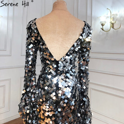 On Sale no return no refund Muslim Silver Mermaid Evening Dresses Gowns 2025 Flare Sleeves Elegant For Women Party LA70650