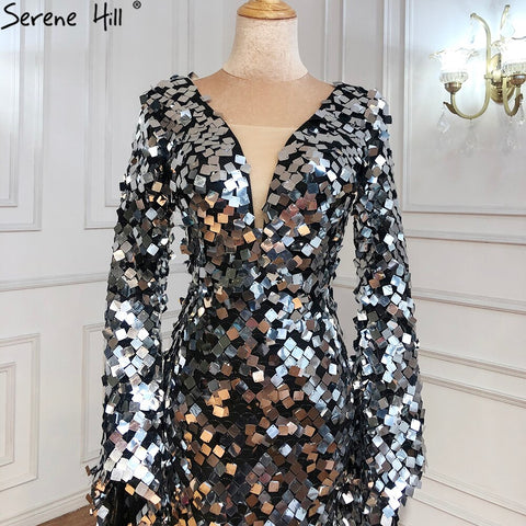 On Sale no return no refund Muslim Silver Mermaid Evening Dresses Gowns 2025 Flare Sleeves Elegant For Women Party LA70650