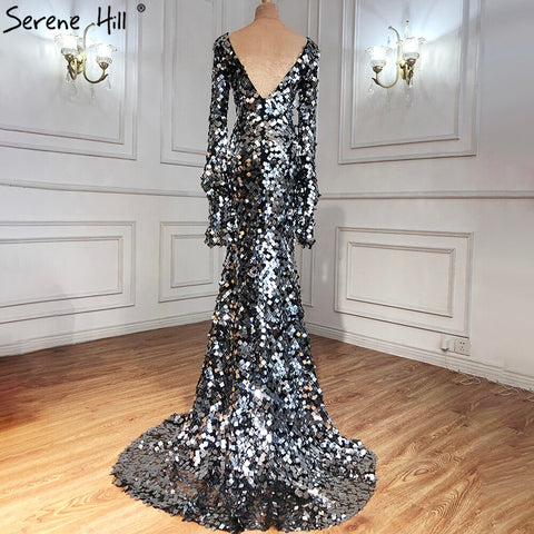 On Sale no return no refund Muslim Silver Mermaid Evening Dresses Gowns 2025 Flare Sleeves Elegant For Women Party LA70650