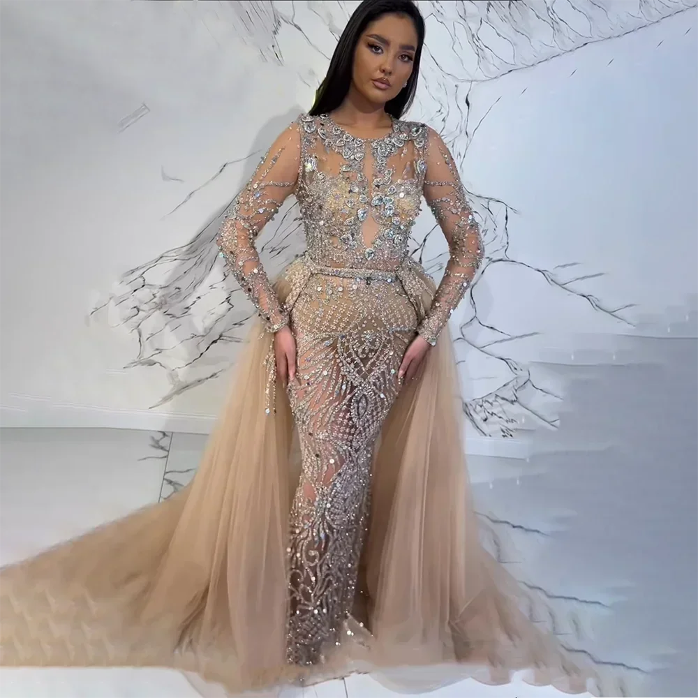 Muslim Silver Nude Mermaid Gown with Detachable Overskirt Beaded Evening Dress for Women Wedding Party 2025 LA71919