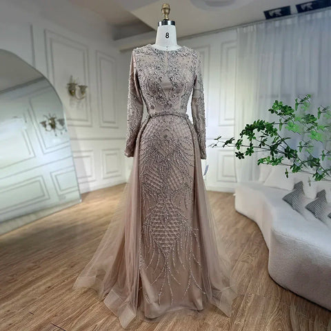 Muslim Silver Nude Mermaid Gown with Detachable Overskirt Beaded Evening Dress for Women Wedding Party 2025 LA71919