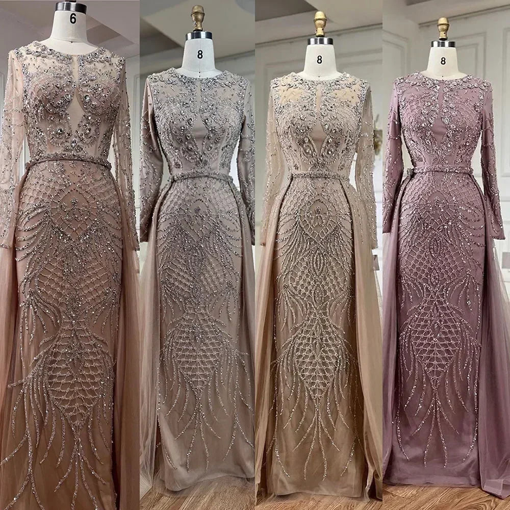 Muslim Silver Nude Mermaid Gown with Detachable Overskirt Beaded Evening Dress for Women Wedding Party 2025 LA71919