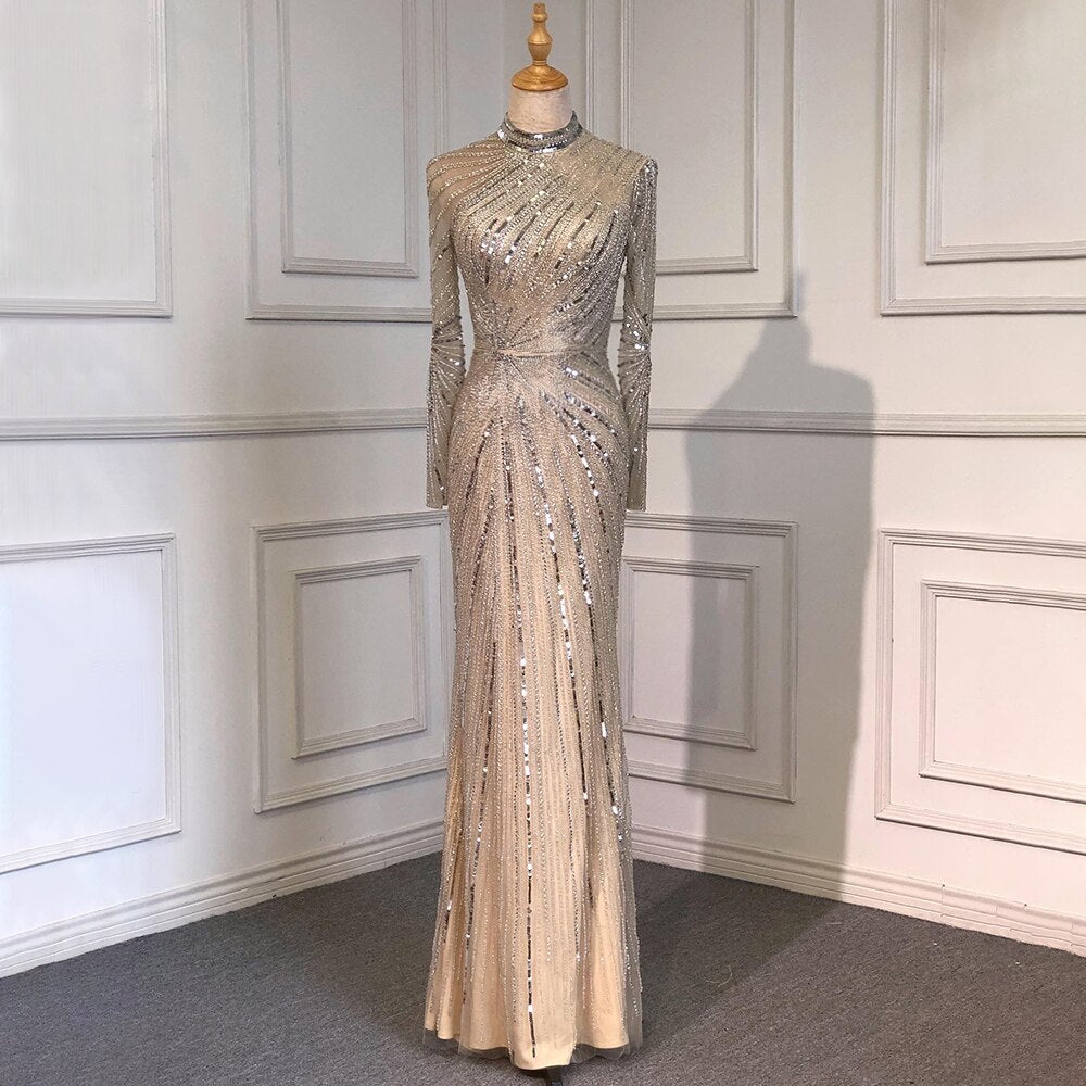 Muslim Sliver Nude Elegant Mermaid High Neck Evening Dresses Gowns Beaded Luxury 2025 For Women Party LA71735