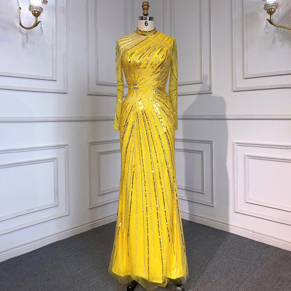 Muslim Sliver Nude Elegant Mermaid High Neck Evening Dresses Gowns Beaded Luxury 2025 For Women Party LA71735