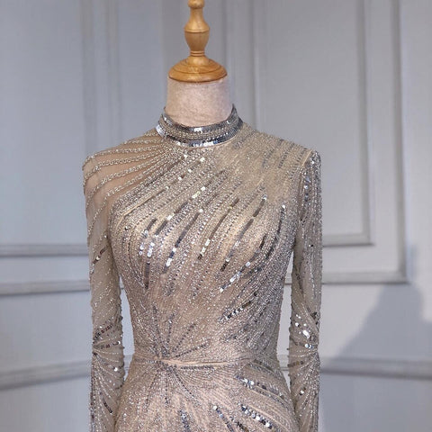 Muslim Sliver Nude Elegant Mermaid High Neck Evening Dresses Gowns Beaded Luxury 2025 For Women Party LA71735