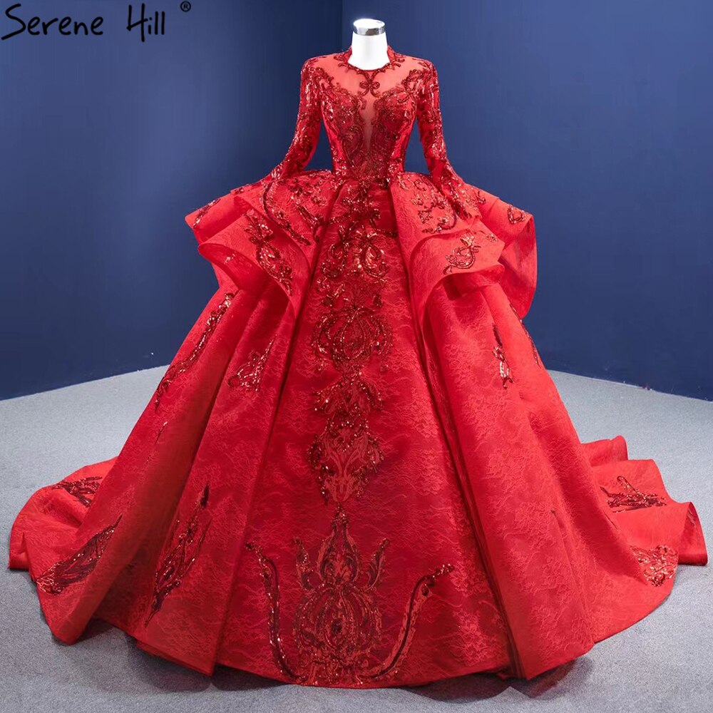 Muslim Sparkle Red Wedding Dresses 2025 Ruched Lace Luxury Bride Gowns HM67298 Custom Made