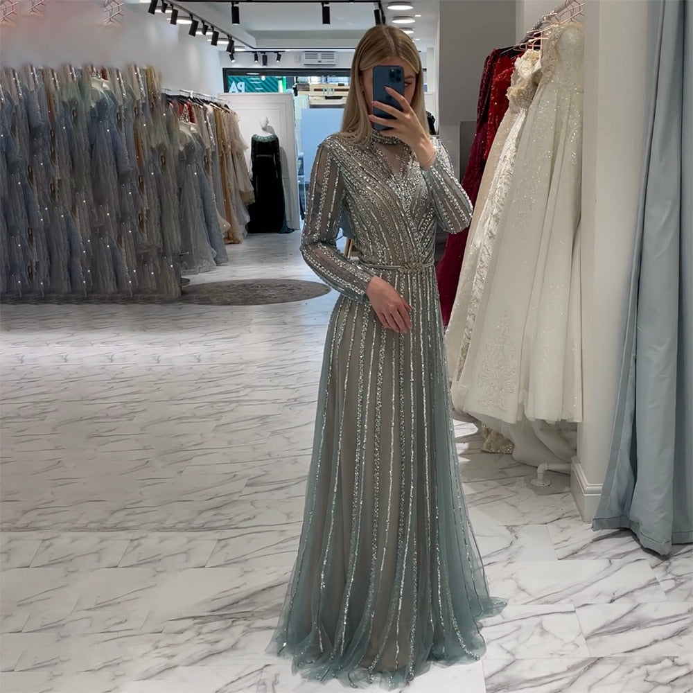 Muslim Turquoise A Line Beaded Luxury Dubai Long Evening Dresses Gowns For Women Wedding Party 2025 LA71812
