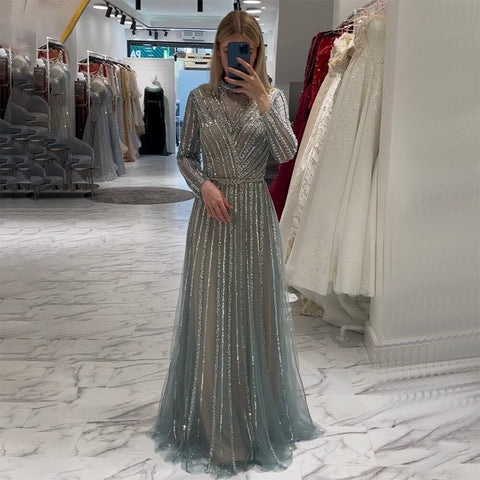 Muslim Turquoise A Line Beaded Luxury Dubai Long Evening Dresses Gowns For Women Wedding Party 2025 LA71812