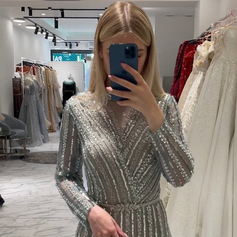 Muslim Turquoise A Line Beaded Luxury Dubai Long Evening Dresses Gowns For Women Wedding Party 2025 LA71812