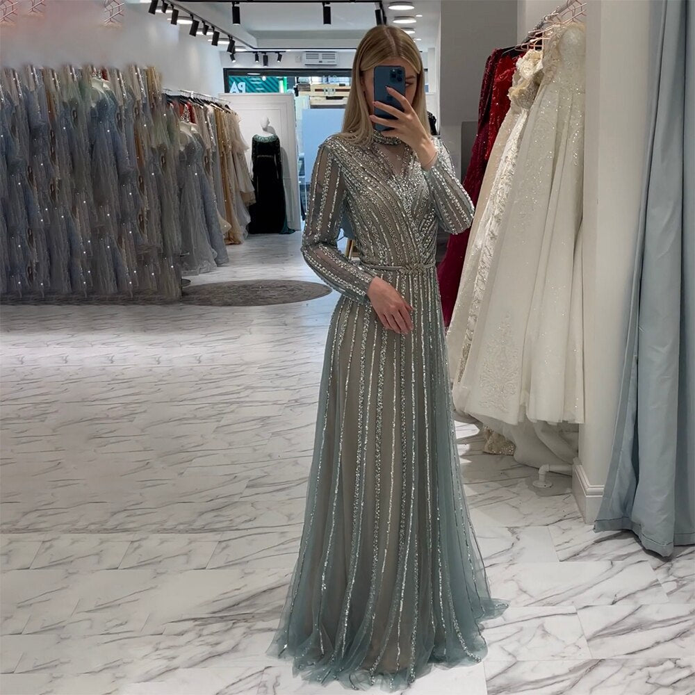 Muslim Turquoise A Line Beaded Luxury Dubai Long Evening Dresses Gowns For Women Wedding Party 2025 LA71812