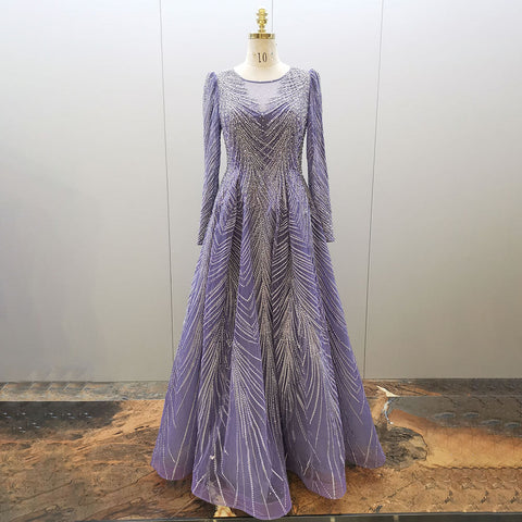 Muslim Turquoise A Line Long Sleeves O Neck Luxury Beaded Evening Dresses Gowns For Women Party 2025 LA71806