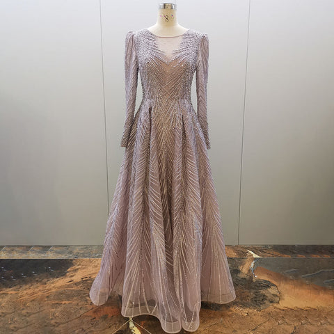 Muslim Turquoise A Line Long Sleeves O Neck Luxury Beaded Evening Dresses Gowns For Women Party 2025 LA71806