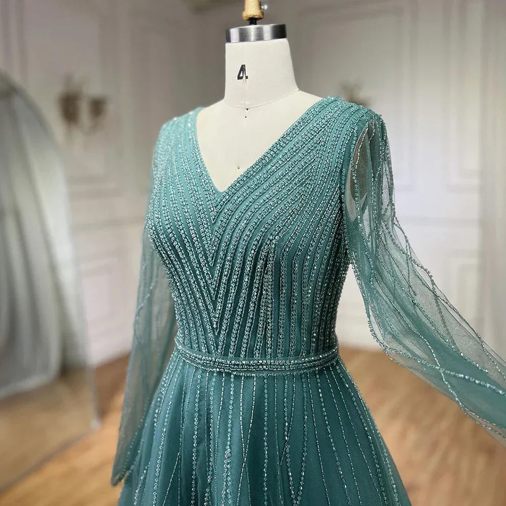 Muslim Turquoise Elegant A Line Luxury Dubai Evening Dresses Beaded Formal Dress 2025 LA72228