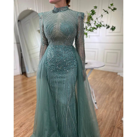 Muslim Turquoise Elegant Mermaid With Overskirt Beaded Evening Dresses Gowns 2025 For Women Wedding Party LA72166